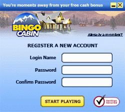 bingo cabin registration screenshot